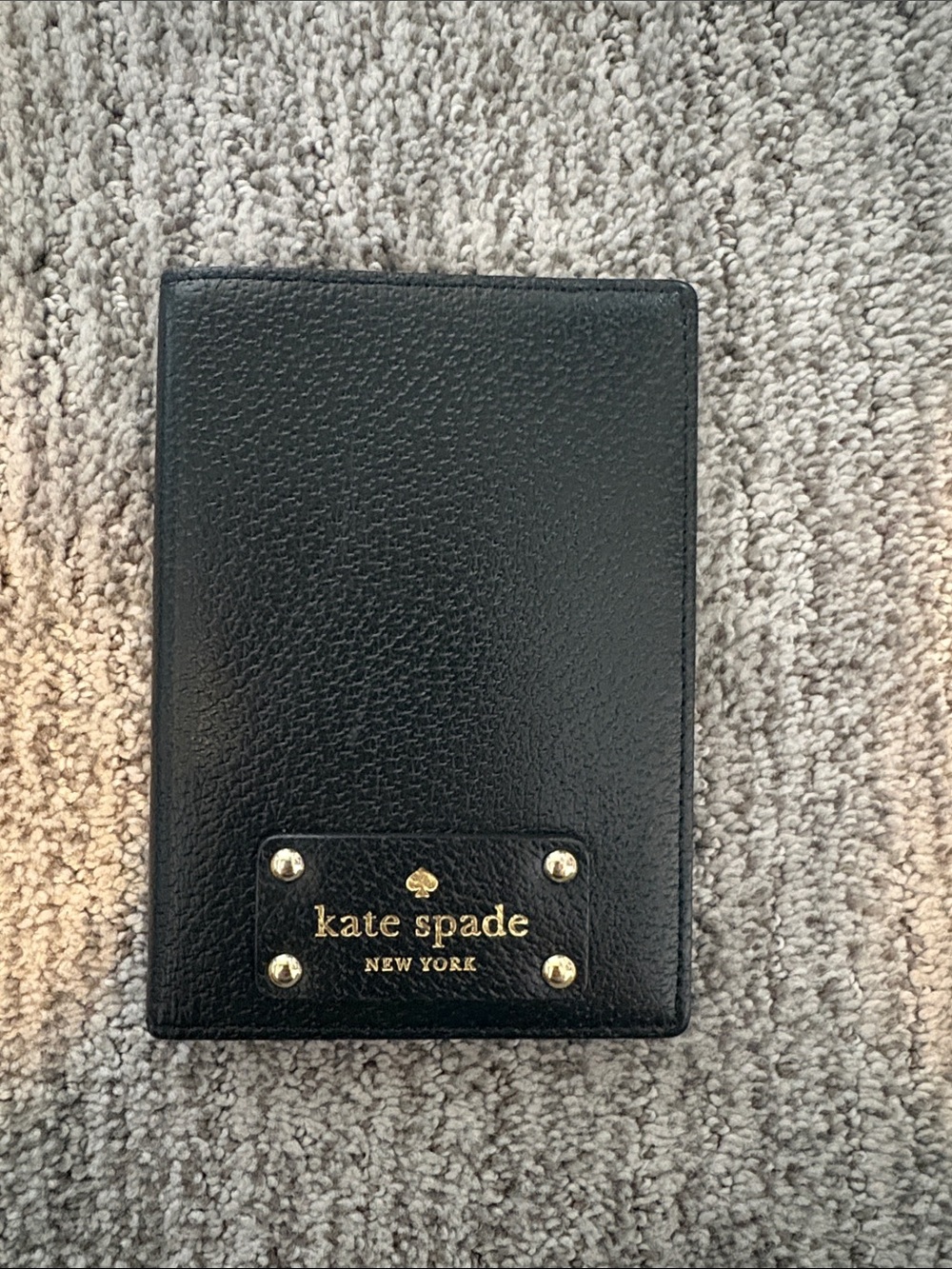 kate spade Black Pebbled Leather Card & Passport Holder with Gold Logo